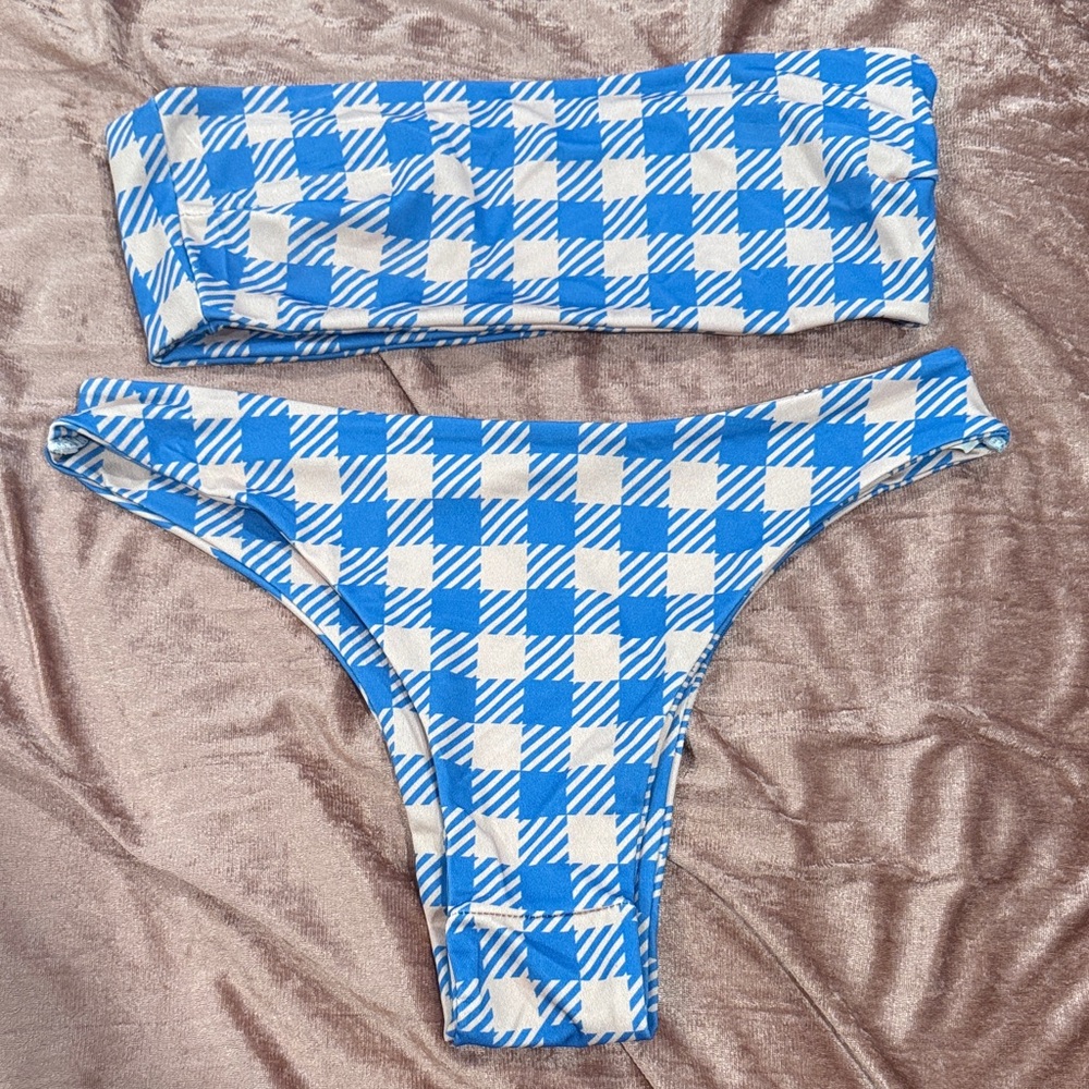 Blue and Pink Gingham Bandeau Bikini Set